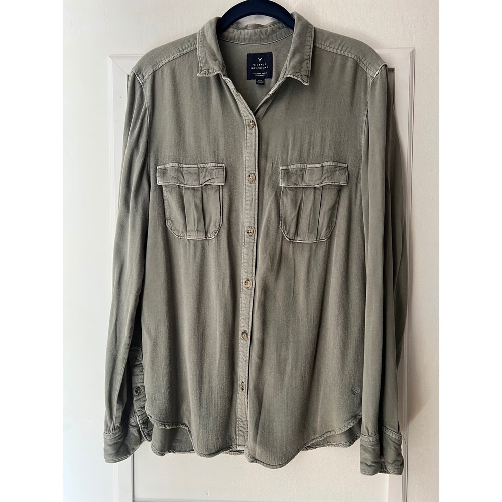 American Eagle Vintage Boyfriend Shirt Olive Green Viscose Button Down M 42x27